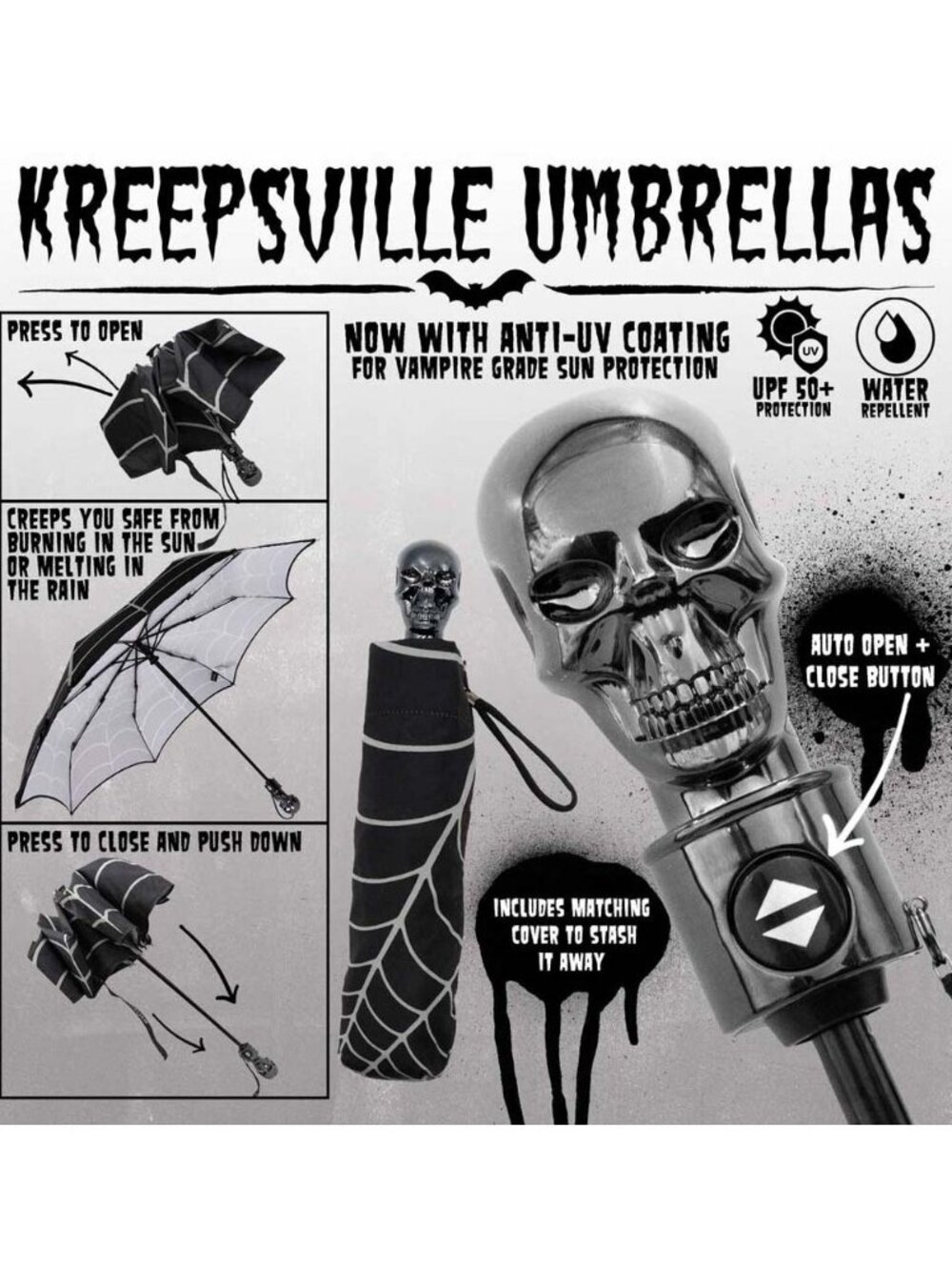Kreepsville Metal Skull Handle Black Rain or Shade Spiderweb Umbrella NWT - Picture 5 of 5